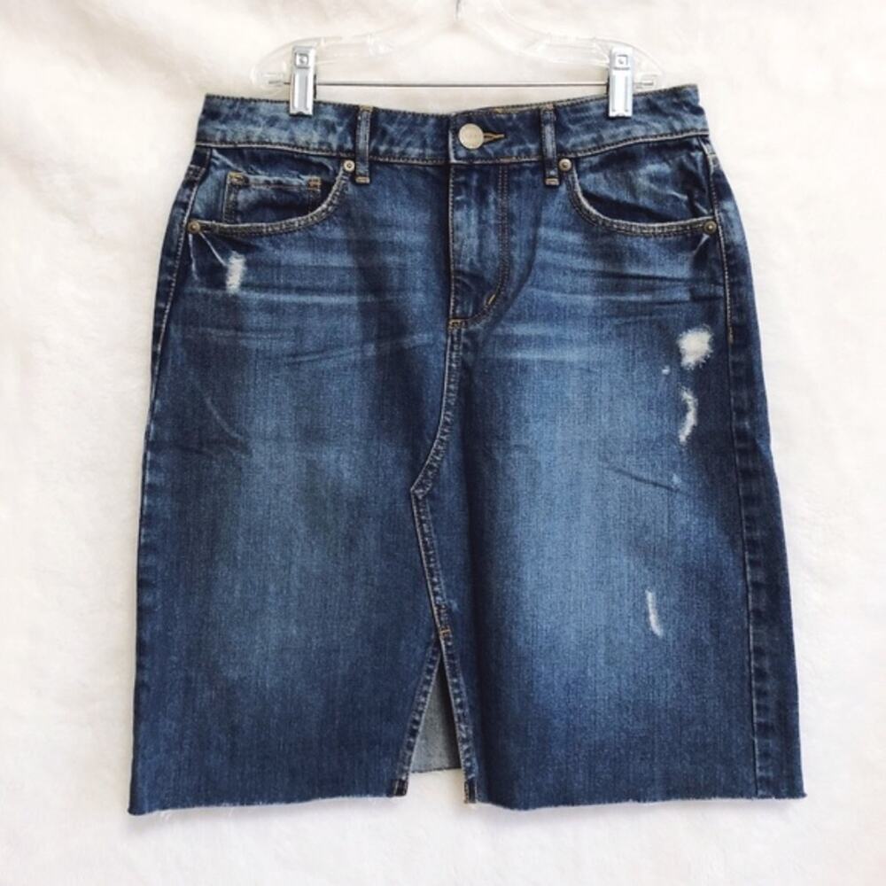 LOFT Medium Wash Distressed Denim Skirt with Front Slit